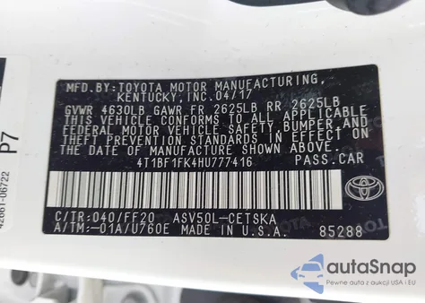 2017 Toyota Camry Se из США, поврежденный, VIN 4T1BF1FK4HU777416